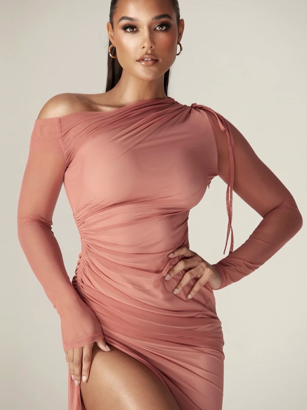 Aliava Dua Organza Ruched Mesh Long Sleeve Cut Out Maxi Dress (Rose)